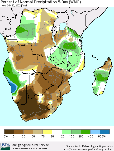 Southern Africa Percent of Normal Precipitation 5-Day (WMO) Thematic Map For 11/16/2022 - 11/20/2022
