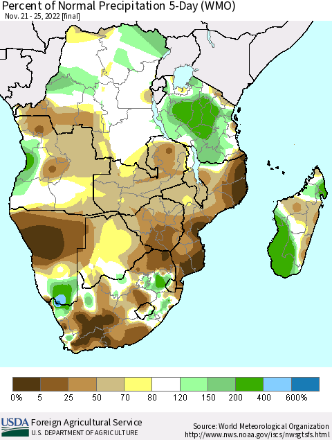 Southern Africa Percent of Normal Precipitation 5-Day (WMO) Thematic Map For 11/21/2022 - 11/25/2022