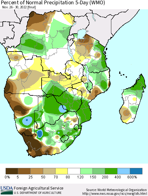 Southern Africa Percent of Normal Precipitation 5-Day (WMO) Thematic Map For 11/26/2022 - 11/30/2022