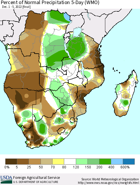 Southern Africa Percent of Normal Precipitation 5-Day (WMO) Thematic Map For 12/1/2022 - 12/5/2022