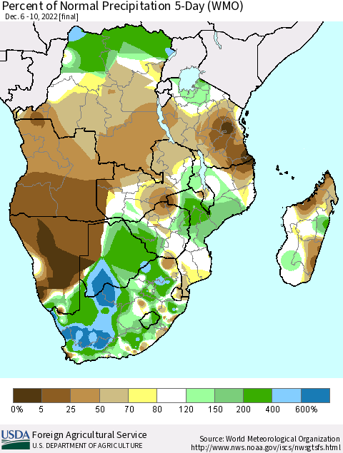 Southern Africa Percent of Normal Precipitation 5-Day (WMO) Thematic Map For 12/6/2022 - 12/10/2022