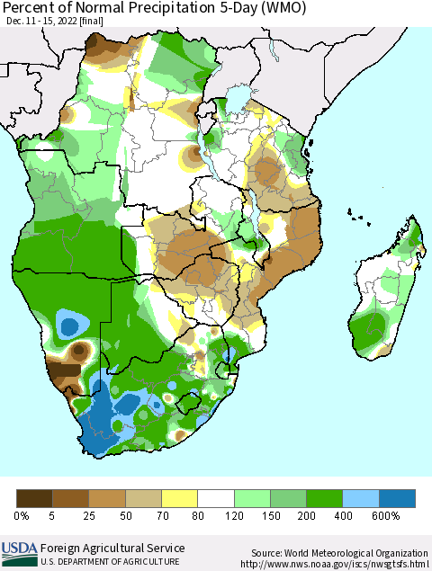 Southern Africa Percent of Normal Precipitation 5-Day (WMO) Thematic Map For 12/11/2022 - 12/15/2022