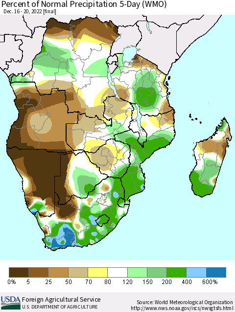 Southern Africa Percent of Normal Precipitation 5-Day (WMO) Thematic Map For 12/16/2022 - 12/20/2022