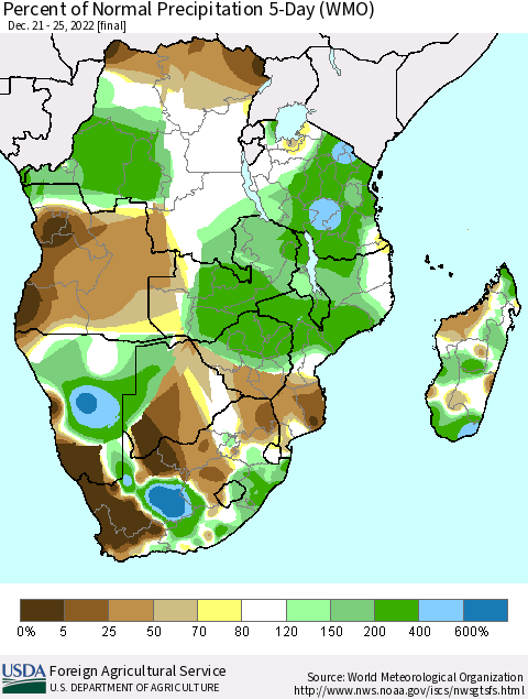 Southern Africa Percent of Normal Precipitation 5-Day (WMO) Thematic Map For 12/21/2022 - 12/25/2022