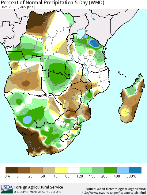Southern Africa Percent of Normal Precipitation 5-Day (WMO) Thematic Map For 12/26/2022 - 12/31/2022