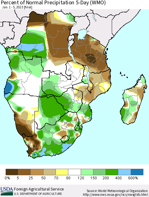 Southern Africa Percent of Normal Precipitation 5-Day (WMO) Thematic Map For 1/1/2023 - 1/5/2023