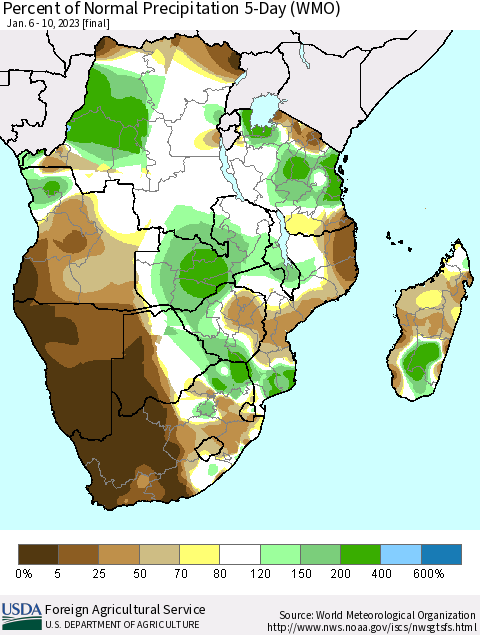 Southern Africa Percent of Normal Precipitation 5-Day (WMO) Thematic Map For 1/6/2023 - 1/10/2023