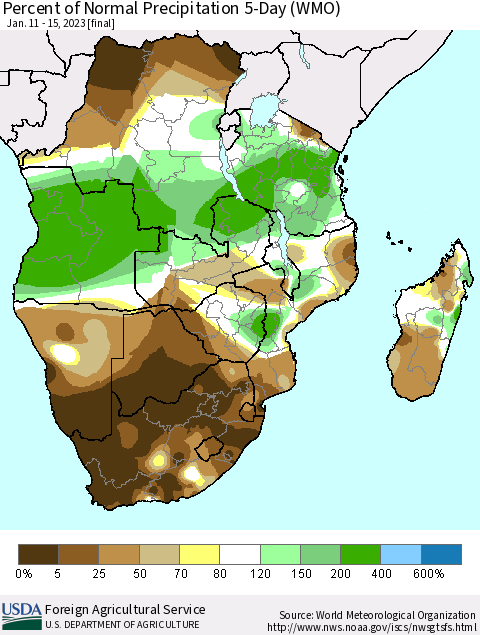 Southern Africa Percent of Normal Precipitation 5-Day (WMO) Thematic Map For 1/11/2023 - 1/15/2023