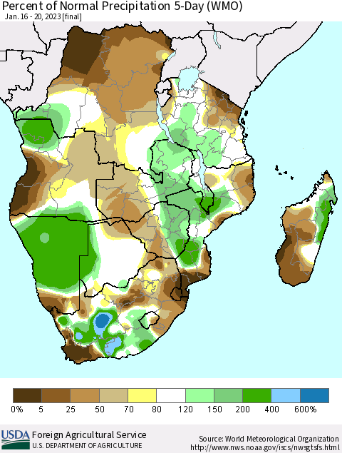 Southern Africa Percent of Normal Precipitation 5-Day (WMO) Thematic Map For 1/16/2023 - 1/20/2023