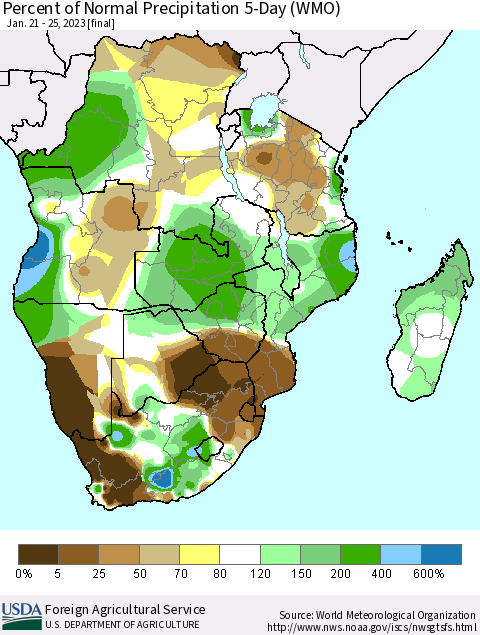 Southern Africa Percent of Normal Precipitation 5-Day (WMO) Thematic Map For 1/21/2023 - 1/25/2023