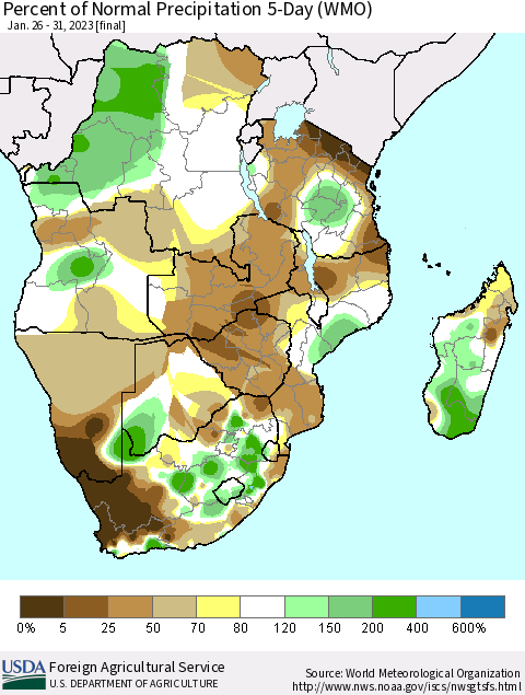 Southern Africa Percent of Normal Precipitation 5-Day (WMO) Thematic Map For 1/26/2023 - 1/31/2023