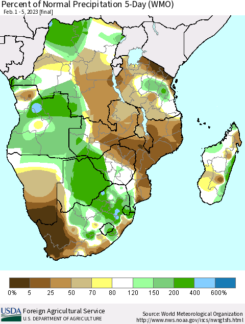 Southern Africa Percent of Normal Precipitation 5-Day (WMO) Thematic Map For 2/1/2023 - 2/5/2023