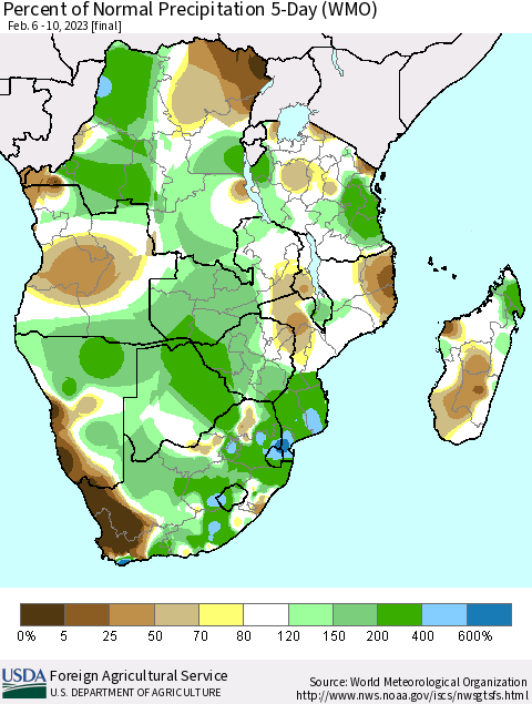 Southern Africa Percent of Normal Precipitation 5-Day (WMO) Thematic Map For 2/6/2023 - 2/10/2023
