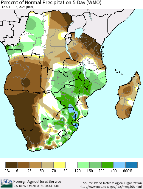 Southern Africa Percent of Normal Precipitation 5-Day (WMO) Thematic Map For 2/11/2023 - 2/15/2023