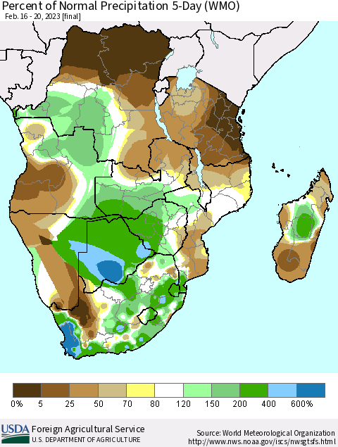 Southern Africa Percent of Normal Precipitation 5-Day (WMO) Thematic Map For 2/16/2023 - 2/20/2023