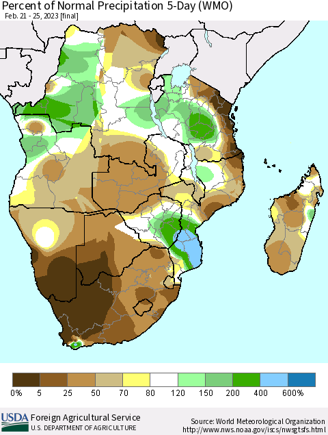 Southern Africa Percent of Normal Precipitation 5-Day (WMO) Thematic Map For 2/21/2023 - 2/25/2023