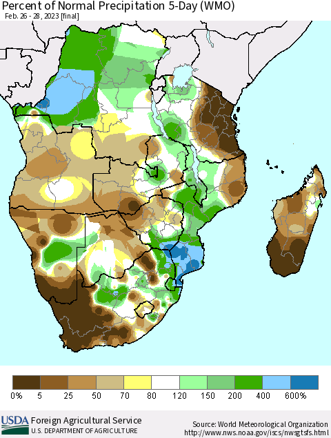 Southern Africa Percent of Normal Precipitation 5-Day (WMO) Thematic Map For 2/26/2023 - 2/28/2023