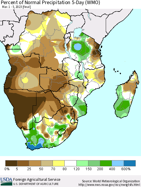 Southern Africa Percent of Normal Precipitation 5-Day (WMO) Thematic Map For 3/1/2023 - 3/5/2023