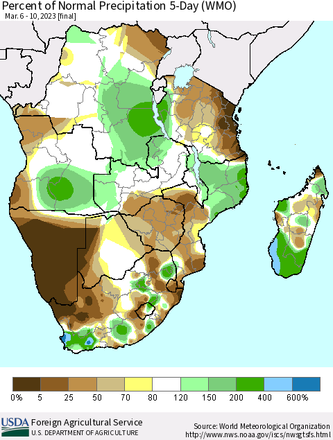 Southern Africa Percent of Normal Precipitation 5-Day (WMO) Thematic Map For 3/6/2023 - 3/10/2023