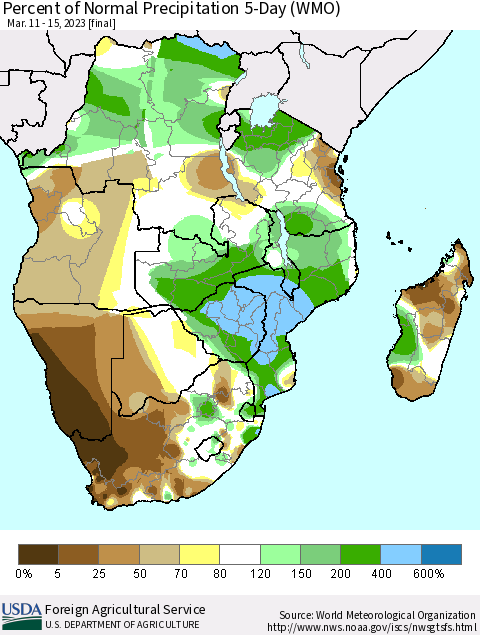 Southern Africa Percent of Normal Precipitation 5-Day (WMO) Thematic Map For 3/11/2023 - 3/15/2023
