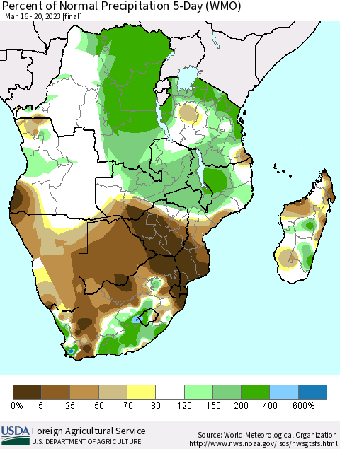 Southern Africa Percent of Normal Precipitation 5-Day (WMO) Thematic Map For 3/16/2023 - 3/20/2023