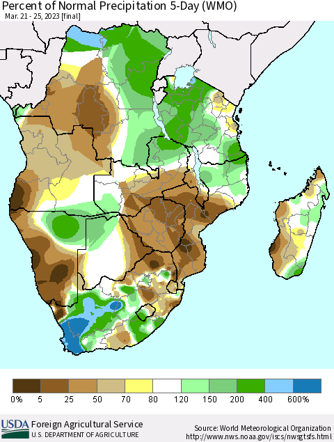 Southern Africa Percent of Normal Precipitation 5-Day (WMO) Thematic Map For 3/21/2023 - 3/25/2023