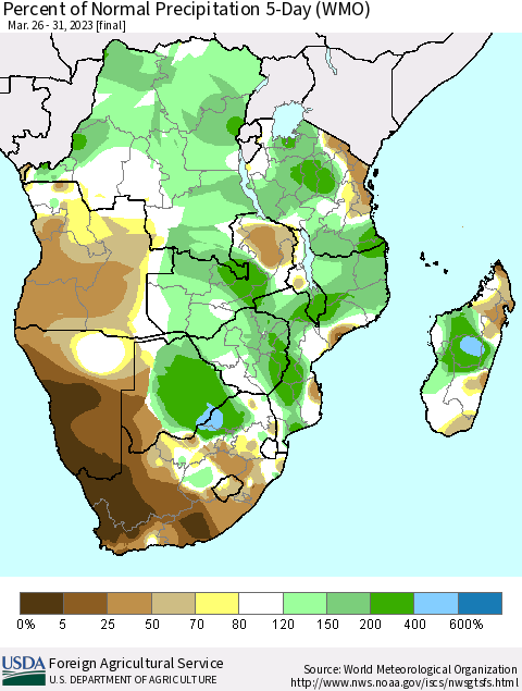 Southern Africa Percent of Normal Precipitation 5-Day (WMO) Thematic Map For 3/26/2023 - 3/31/2023