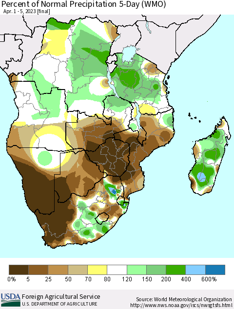 Southern Africa Percent of Normal Precipitation 5-Day (WMO) Thematic Map For 4/1/2023 - 4/5/2023
