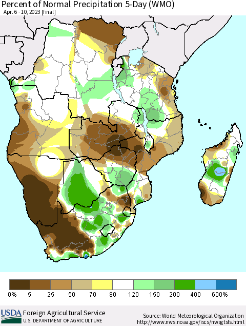 Southern Africa Percent of Normal Precipitation 5-Day (WMO) Thematic Map For 4/6/2023 - 4/10/2023