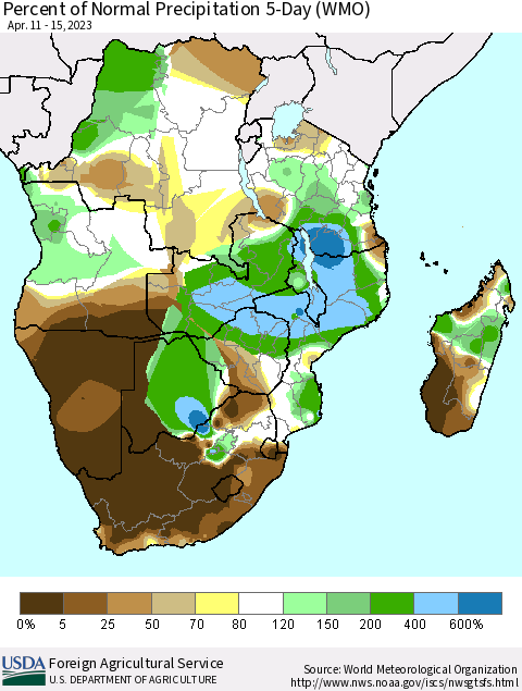 Southern Africa Percent of Normal Precipitation 5-Day (WMO) Thematic Map For 4/11/2023 - 4/15/2023