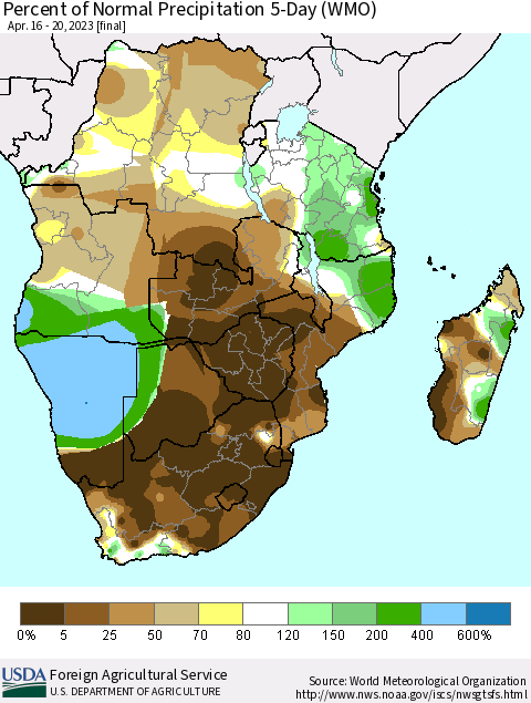 Southern Africa Percent of Normal Precipitation 5-Day (WMO) Thematic Map For 4/16/2023 - 4/20/2023