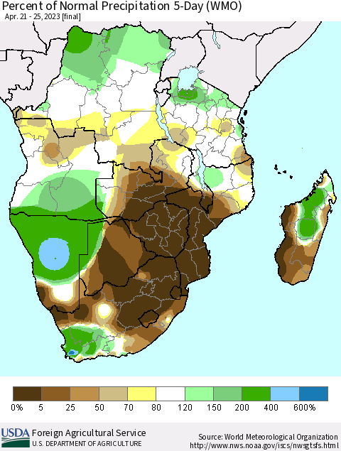 Southern Africa Percent of Normal Precipitation 5-Day (WMO) Thematic Map For 4/21/2023 - 4/25/2023