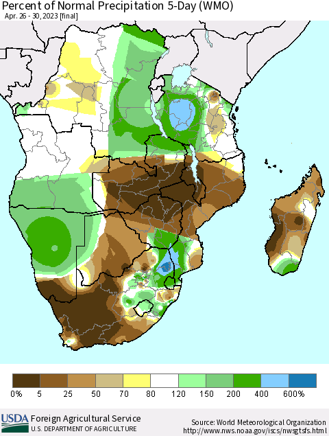 Southern Africa Percent of Normal Precipitation 5-Day (WMO) Thematic Map For 4/26/2023 - 4/30/2023
