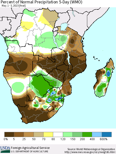 Southern Africa Percent of Normal Precipitation 5-Day (WMO) Thematic Map For 5/1/2023 - 5/5/2023