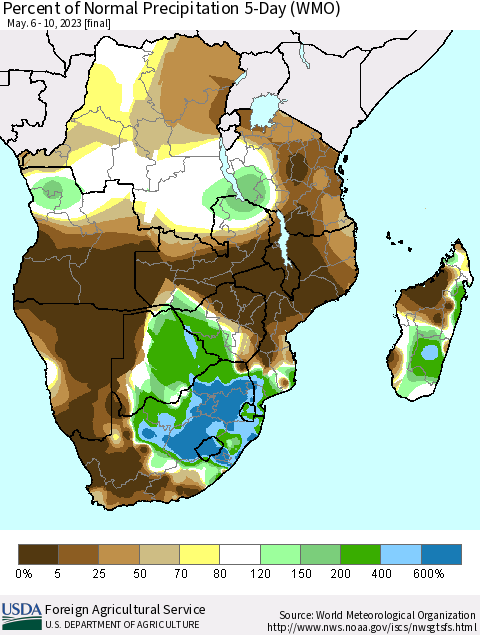Southern Africa Percent of Normal Precipitation 5-Day (WMO) Thematic Map For 5/6/2023 - 5/10/2023
