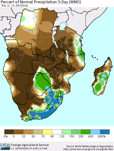 Southern Africa Percent of Normal Precipitation 5-Day (WMO) Thematic Map For 5/11/2023 - 5/15/2023