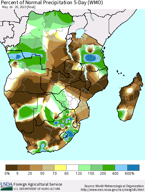 Southern Africa Percent of Normal Precipitation 5-Day (WMO) Thematic Map For 5/16/2023 - 5/20/2023