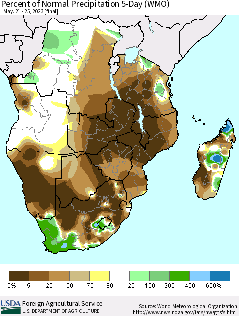 Southern Africa Percent of Normal Precipitation 5-Day (WMO) Thematic Map For 5/21/2023 - 5/25/2023