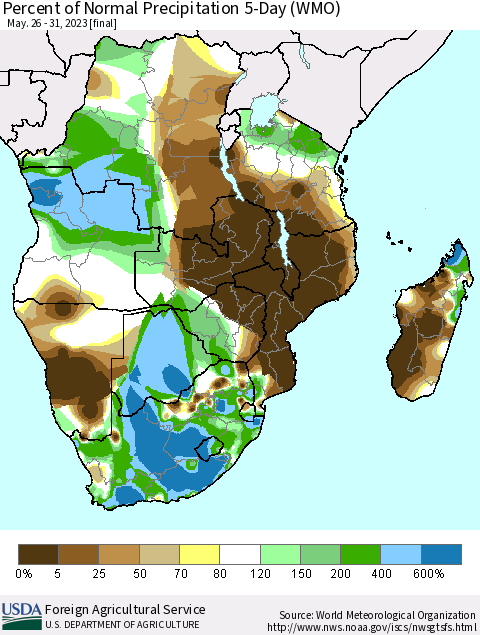 Southern Africa Percent of Normal Precipitation 5-Day (WMO) Thematic Map For 5/26/2023 - 5/31/2023