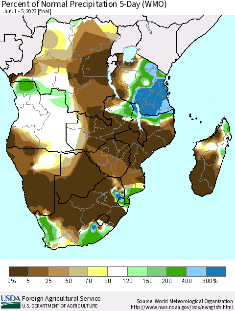Southern Africa Percent of Normal Precipitation 5-Day (WMO) Thematic Map For 6/1/2023 - 6/5/2023