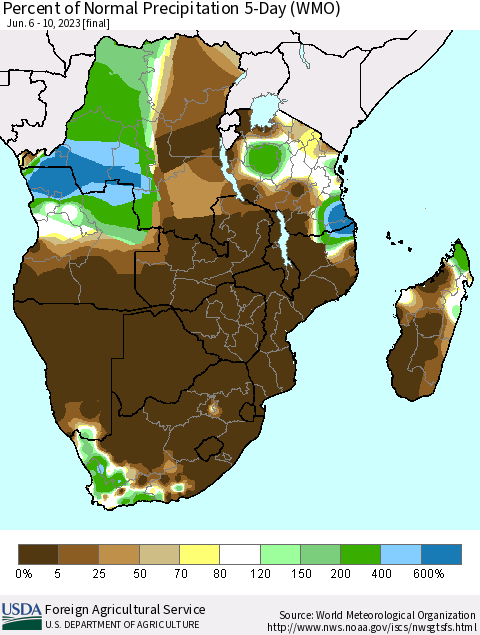 Southern Africa Percent of Normal Precipitation 5-Day (WMO) Thematic Map For 6/6/2023 - 6/10/2023