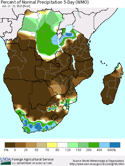 Southern Africa Percent of Normal Precipitation 5-Day (WMO) Thematic Map For 6/11/2023 - 6/15/2023