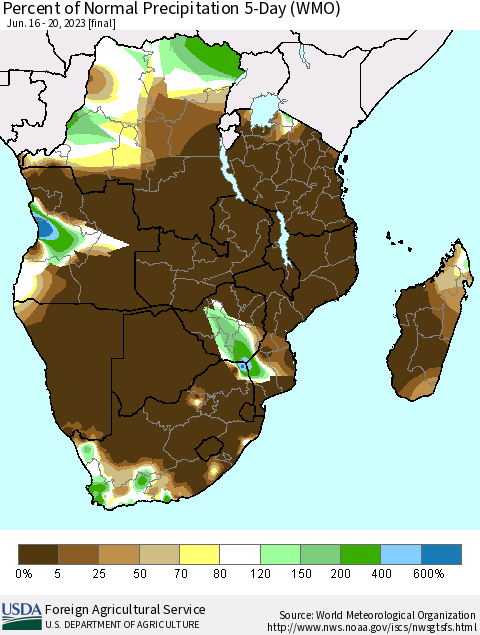 Southern Africa Percent of Normal Precipitation 5-Day (WMO) Thematic Map For 6/16/2023 - 6/20/2023