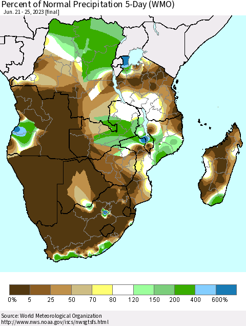 Southern Africa Percent of Normal Precipitation 5-Day (WMO) Thematic Map For 6/21/2023 - 6/25/2023