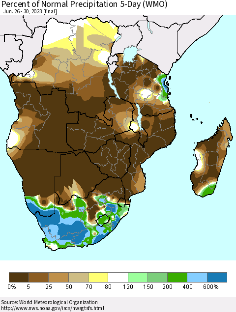 Southern Africa Percent of Normal Precipitation 5-Day (WMO) Thematic Map For 6/26/2023 - 6/30/2023