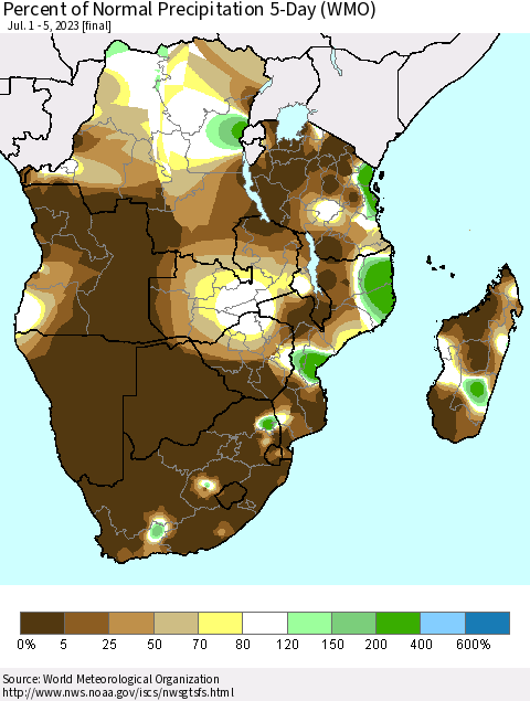 Southern Africa Percent of Normal Precipitation 5-Day (WMO) Thematic Map For 7/1/2023 - 7/5/2023