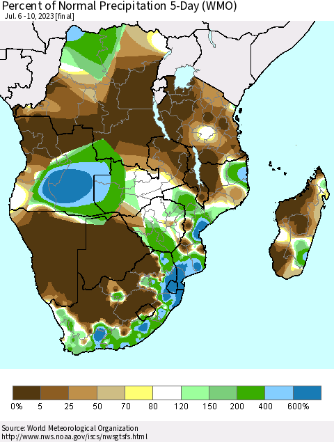 Southern Africa Percent of Normal Precipitation 5-Day (WMO) Thematic Map For 7/6/2023 - 7/10/2023