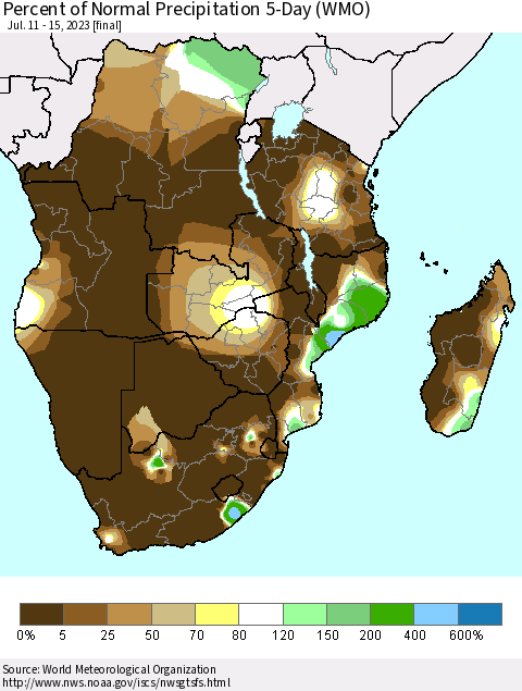 Southern Africa Percent of Normal Precipitation 5-Day (WMO) Thematic Map For 7/11/2023 - 7/15/2023