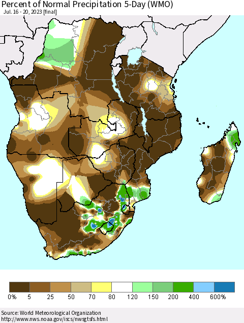 Southern Africa Percent of Normal Precipitation 5-Day (WMO) Thematic Map For 7/16/2023 - 7/20/2023