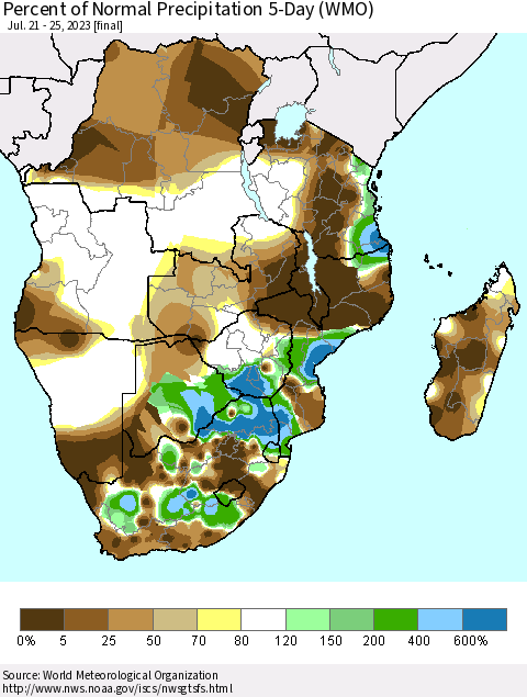 Southern Africa Percent of Normal Precipitation 5-Day (WMO) Thematic Map For 7/21/2023 - 7/25/2023